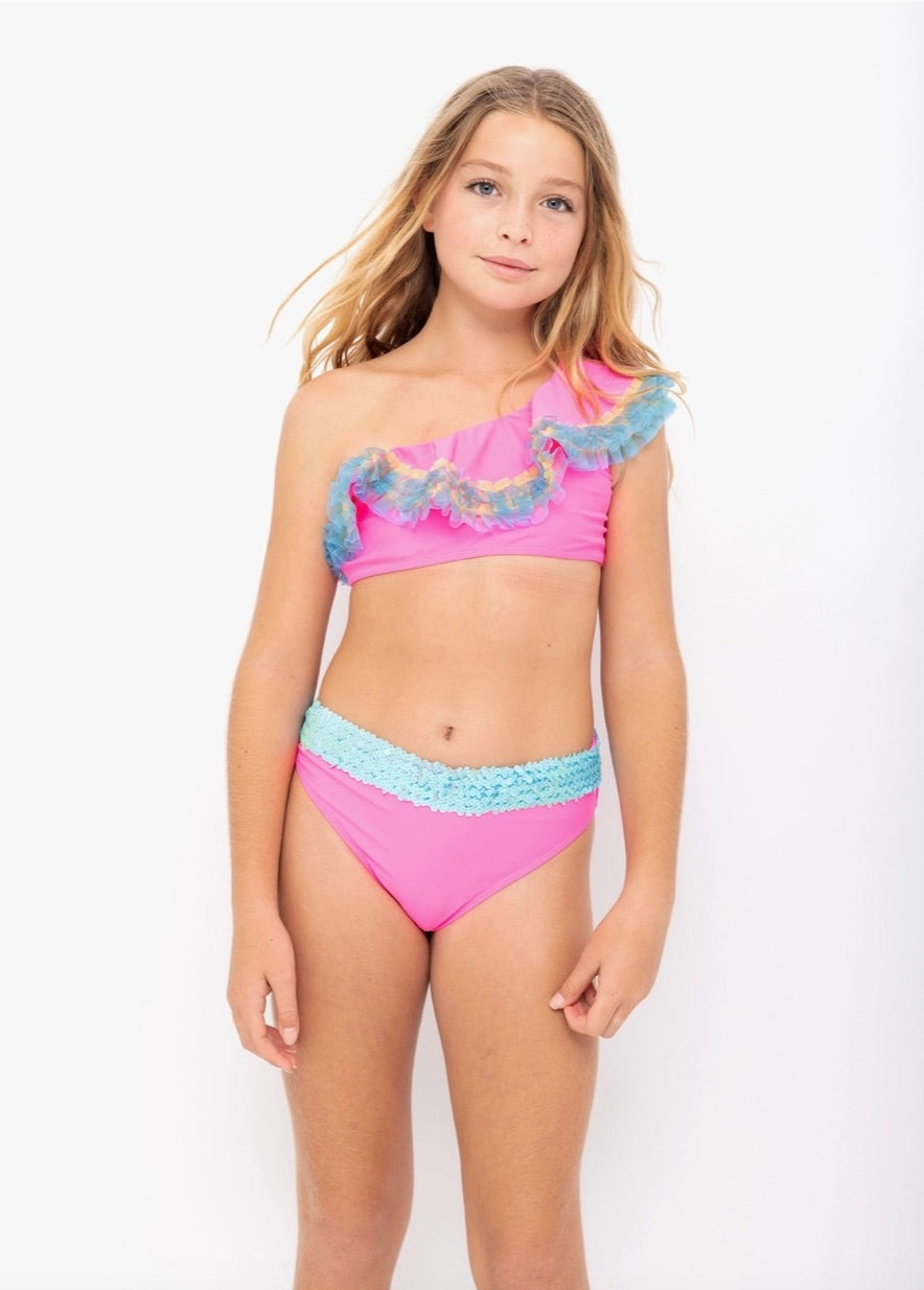 Neon Pink One Shoulder Bikini with Anemone Fringe & Aqua Sequins