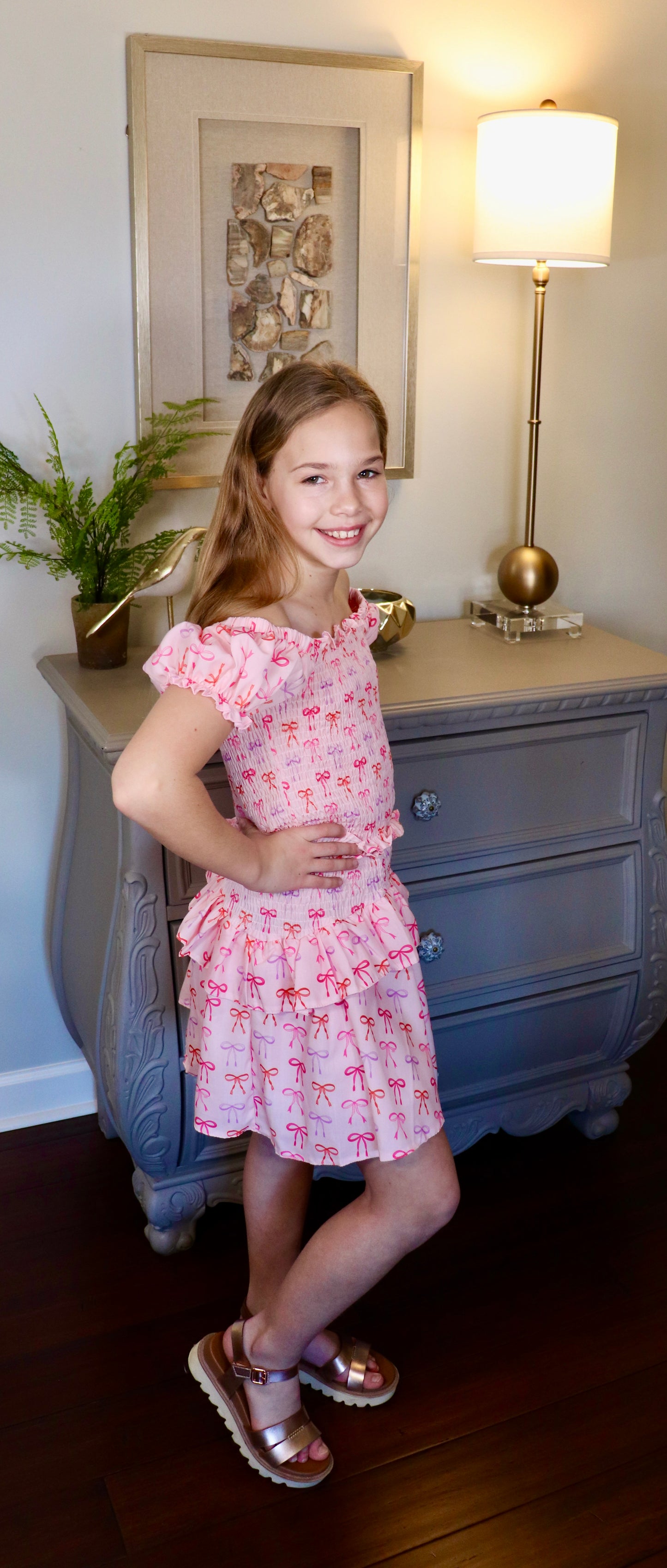 BOW PRINT SMOCKED TOP AND SKIRT SET