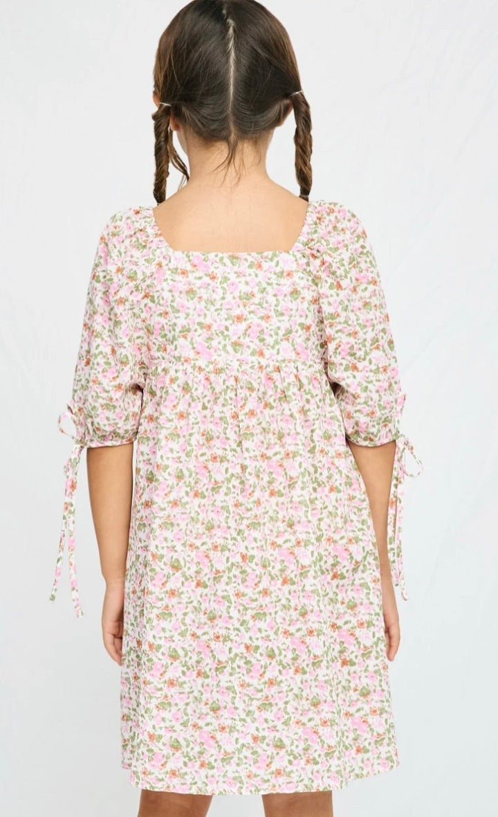 Girls Tie Sleeve Square Neck Floral Tunic Dress