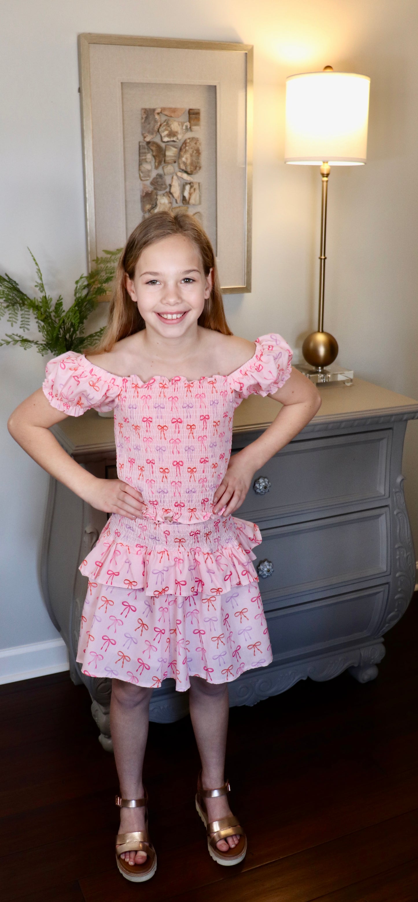BOW PRINT SMOCKED TOP AND SKIRT SET