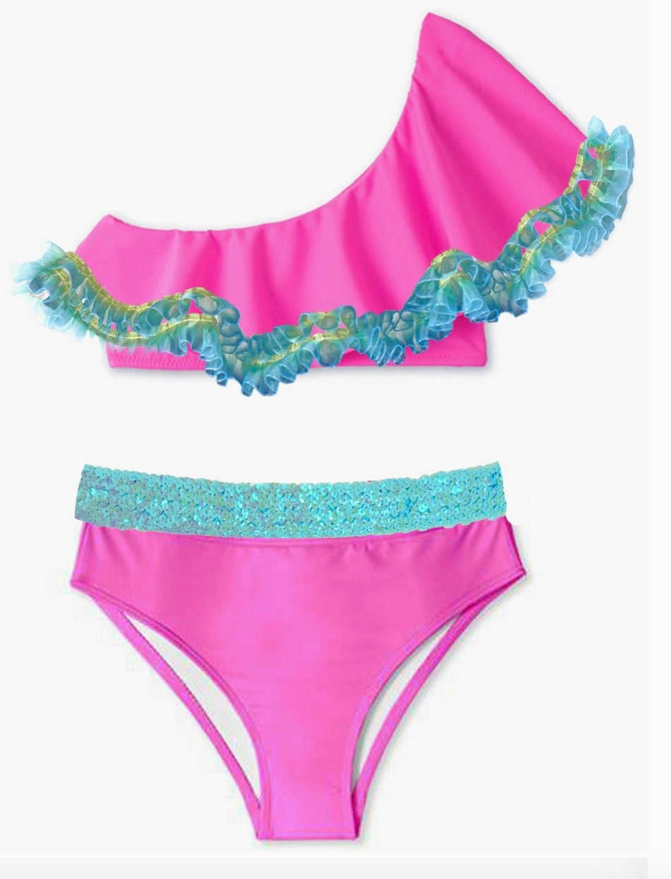 Neon Pink One Shoulder Bikini with Anemone Fringe & Aqua Sequins