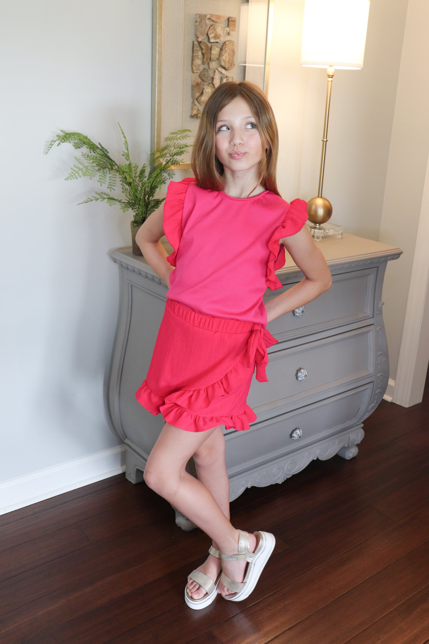 Ruffle Sleeve & Ribbon Tied Skort Set