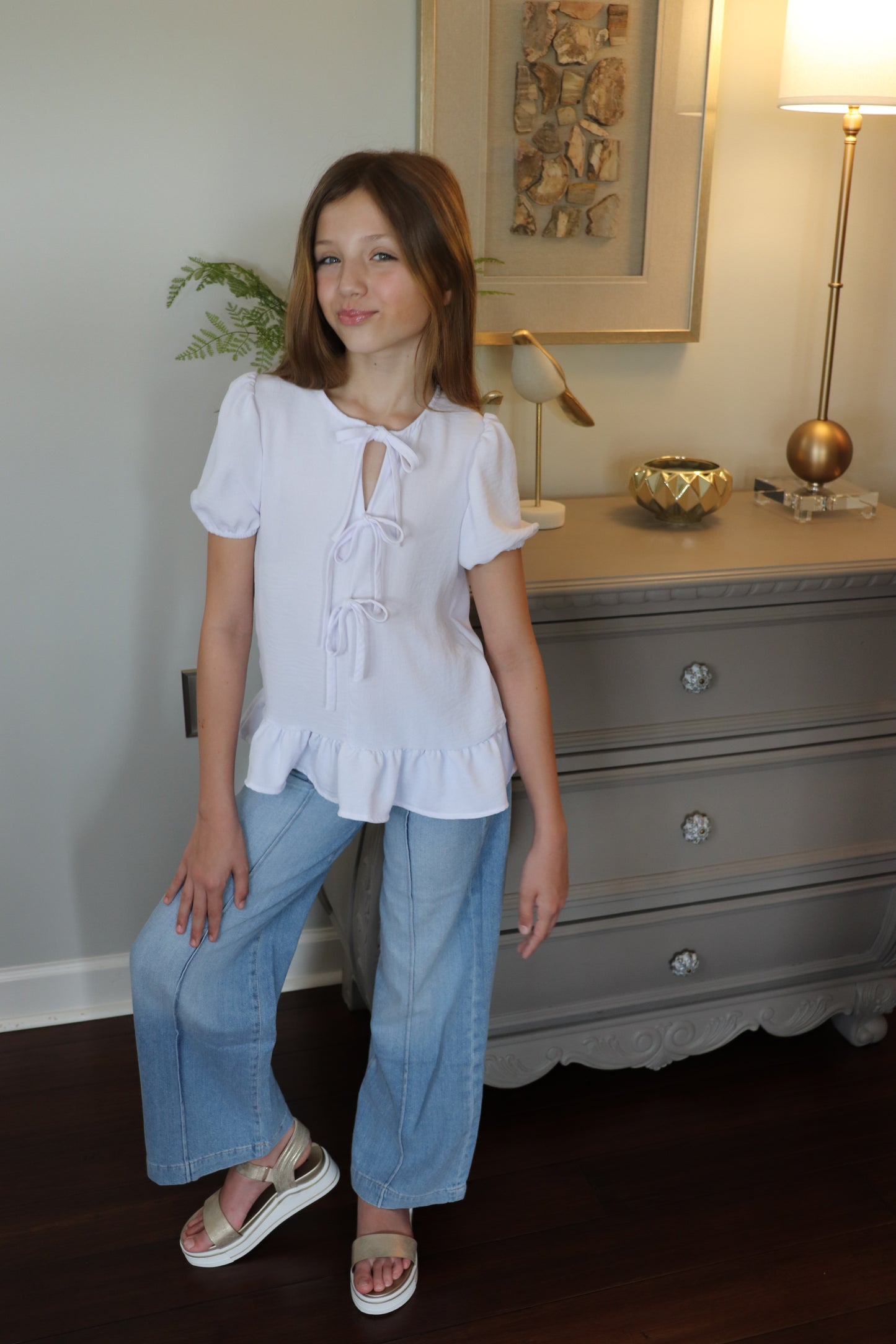 Ribbon Tie Front Ruffle Top
