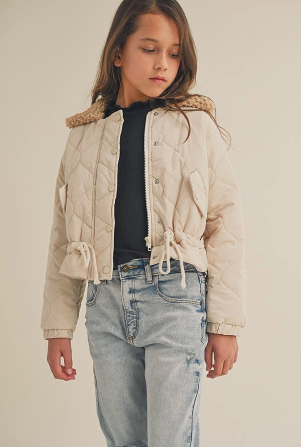 Cinched Waist Puffer Jacket with Sherpa Collar