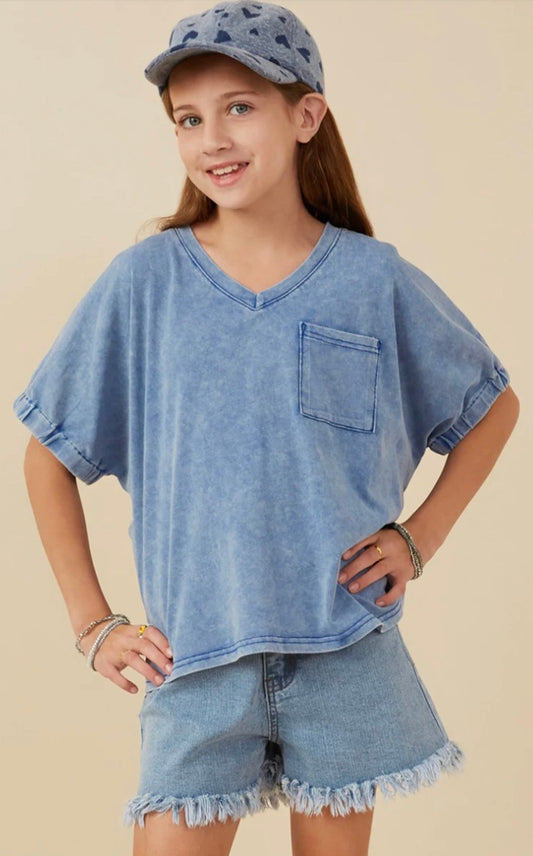 Girls Garment Washed V Neck Elastic Sleeve T Shirt