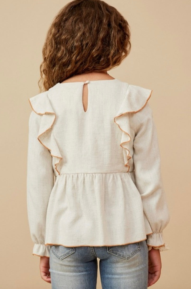 Girls Contrast Stitch Detail Ruffle Top