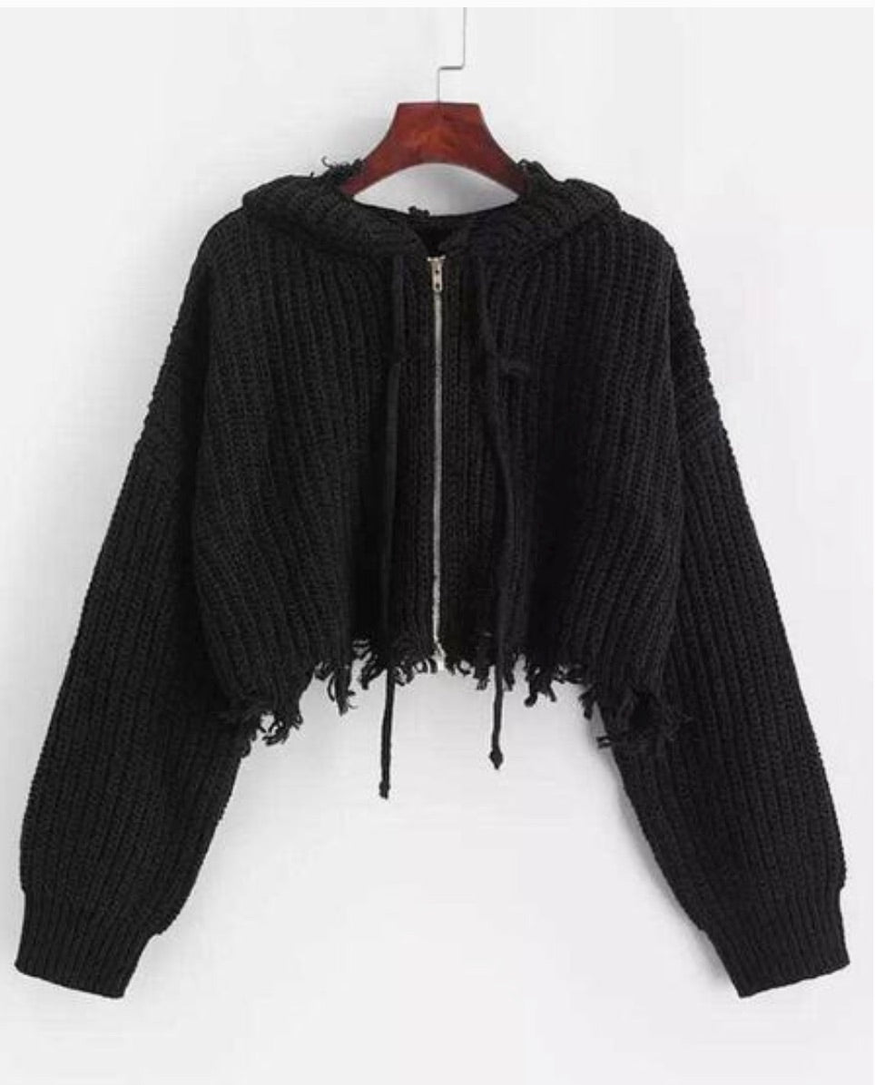 Distressed Black Zip Hooded Sweater