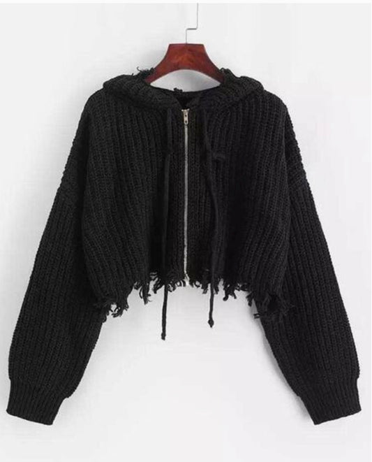 Distressed Black Zip Hooded Sweater