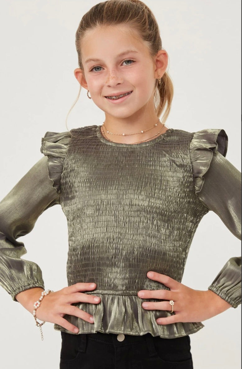 Girls Crushed Satin Smocked Ruffled Shoulder Top – Emmie G's Tween Boutique