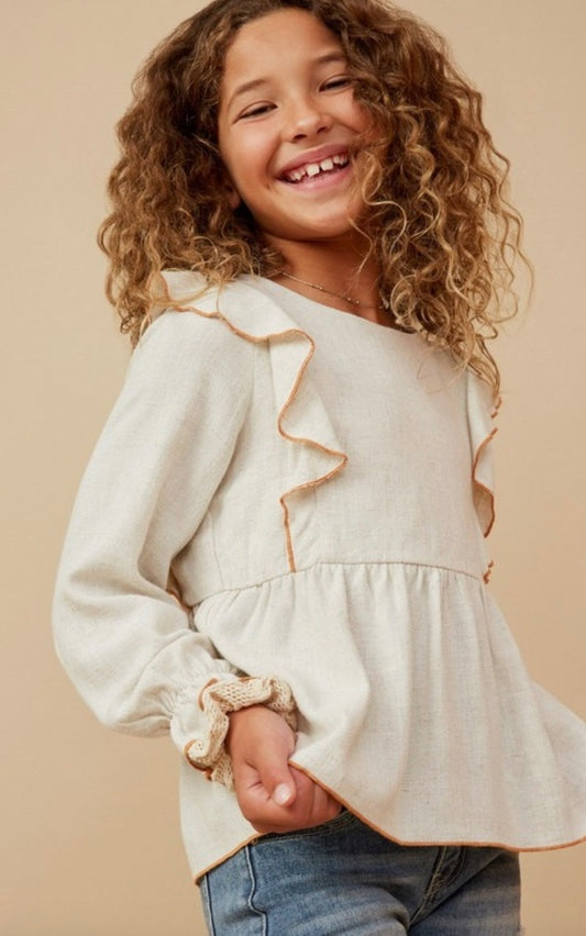 Girls Contrast Stitch Detail Ruffle Top