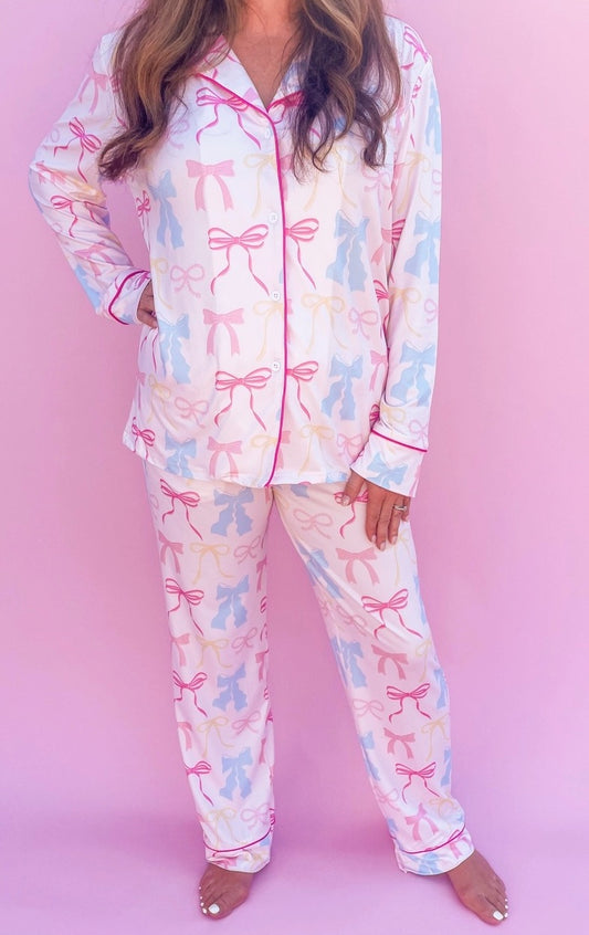 Pink Pastel Bows Long Sleeve Loungewear Pajama Set